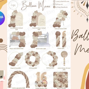 Menu Boho Deluxe a palloncino, Menu prezzi mockup sullo sfondo del palloncino, modello palloncino, modello Canva menu palloncino, modificabile, download immediato