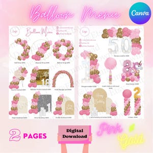Puede incluir: Un menú digital de globos de dos páginas con varios arreglos de globos rosas y dorados, incluyendo arcos, columnas, números luminosos y fondos. El texto incluye Balloon Menu, Digital Download y 2 Pages para opciones de decoración.