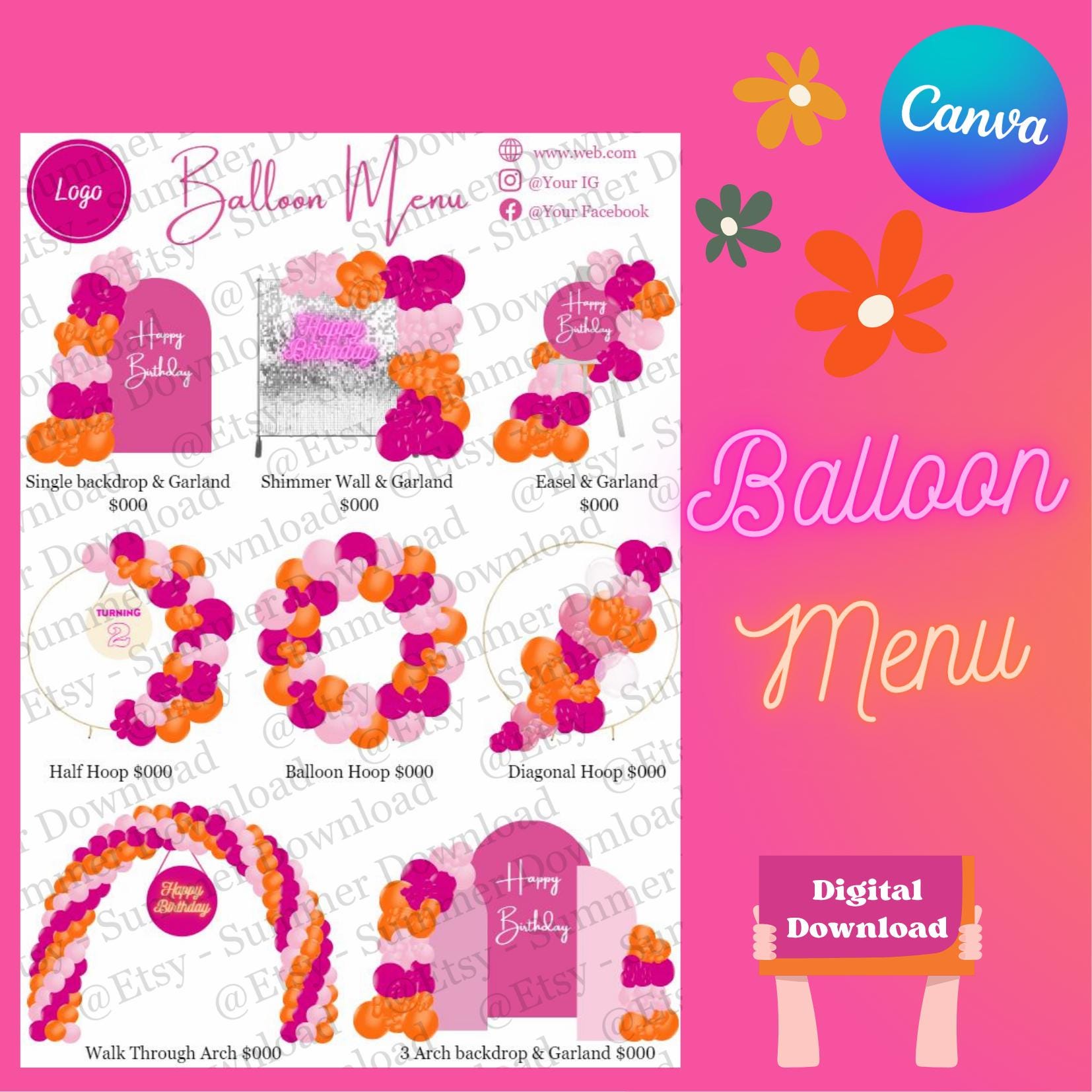 Balloon Menu Template, Pink and Orange Design, Editable Canva (Digital Download)