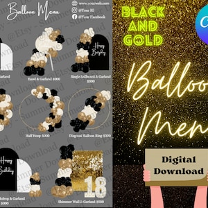 Balloon Menu, Black and Gold Balloon Menu, Balloon Backdrop Mockup Pricing Menu, Canva template, Editable, instant download