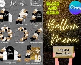 Balloon Menu, Black and Gold Balloon Menu, Balloon Backdrop Mockup Pricing Menu, Canva template, Editable, instant download