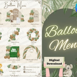 Sage green Beige Balloon Menu, Balloon Backdrop Mockup Pricing Menu, Balloon Menu Template,  Canva template, Editable, instant download