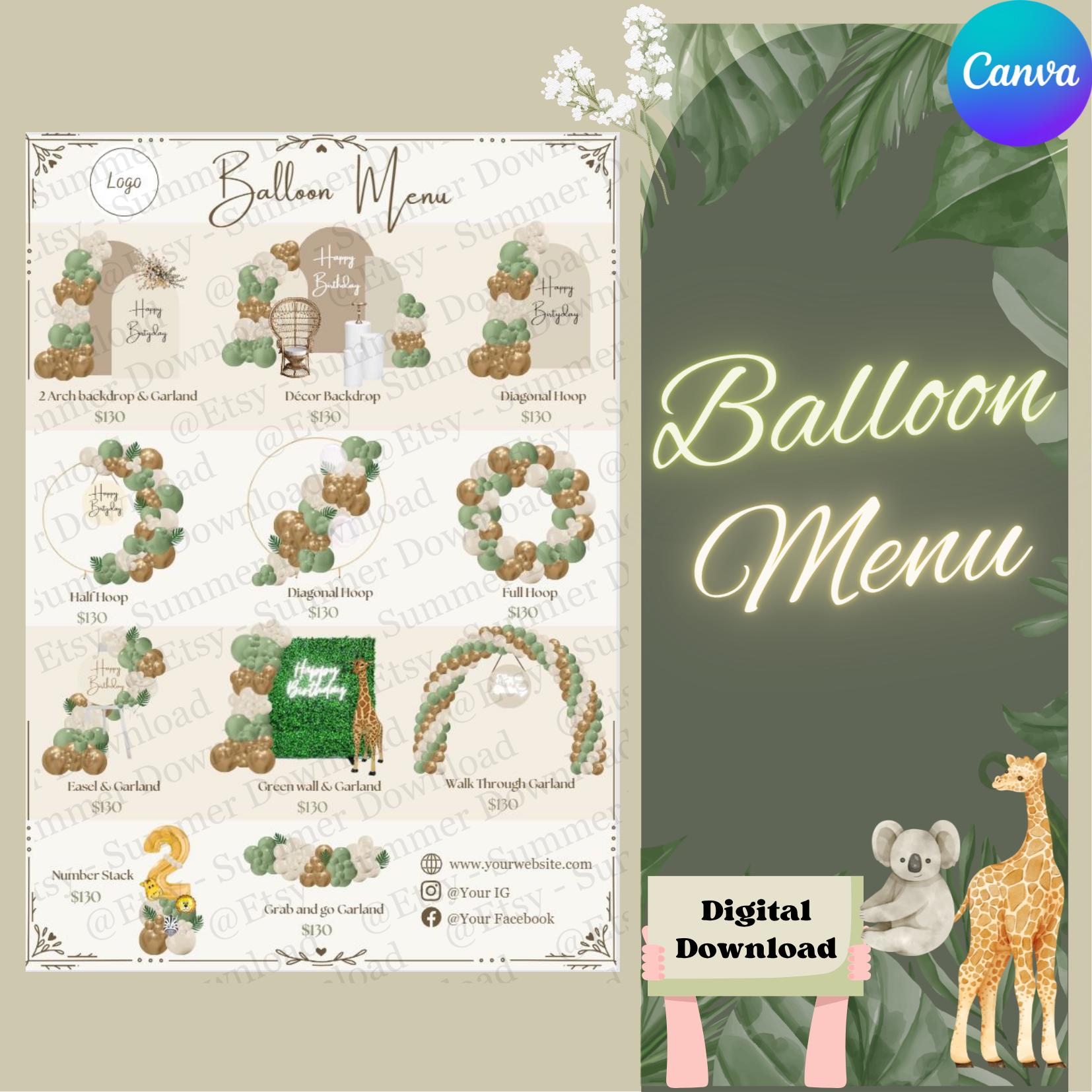 Balloon Menu Template, Sage Green, Canva Editable (Digital Download)