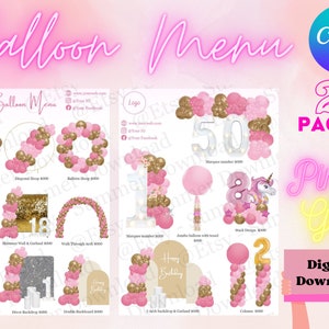 2 Pages Pink and Gold Balloon Menu, Balloon Mockup Pricing Menu, Balloon Template, Balloon Menu Canva template, Editable, instant download