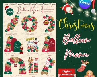 May include: A digital Christmas balloon menu template featuring various balloon arrangements in red, green, and gold. The menu displays designs like hoops, arches, and garlands with holiday icons including Santa, reindeer, and nutcrackers.