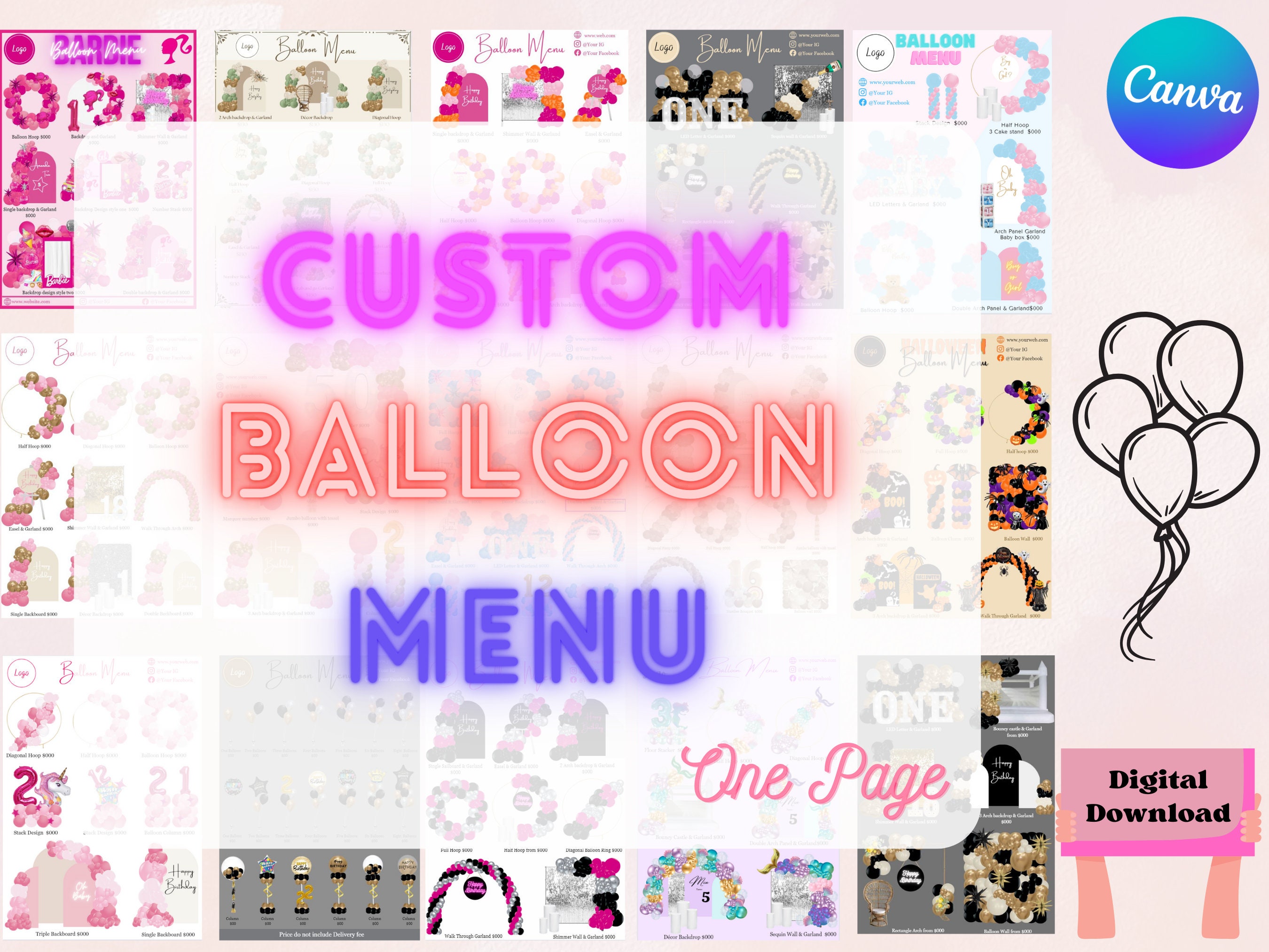 Custom 1 Page Balloon Menu, Balloon Backdrop Mockup Pricing Menu ...