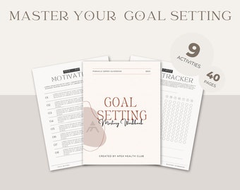 May include: A goal setting workbook with a pink abstract shape and the text "GOAL SETTING Mastery Workbook" and "CREATED BY APEX HEALTH CLUB". The workbook has 9 activities and 40 pages.