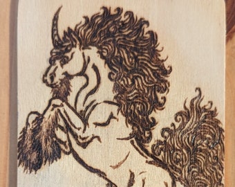 The Unicorn - Original Art Pyrography/Woodburning - Tiny Art 2.5" x 3.5"