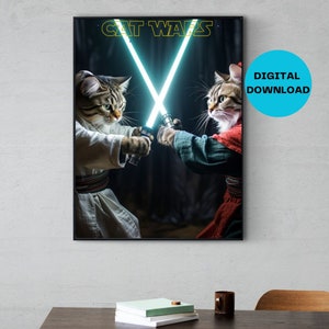 Star Wars wall art, Cute Cat Printable, nerdy, Lightsaber, Star Wars Movie poster, gift for, instant download, digital art, movies, Cats art