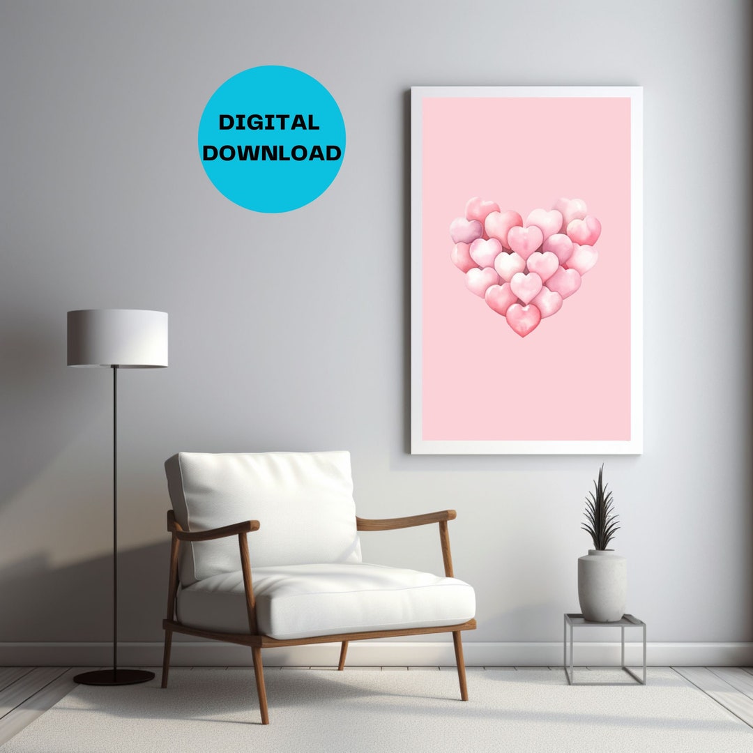 Pink Hearts Printable Heart Poster, Bedroom Wall Art, Room Decor ...