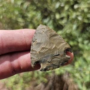 May include: A hand-held, triangular arrowhead with a notched base. The arrowhead is a mottled gray-brown color, with a rough, textured surface. The edges are sharp and well-defined, indicating it was likely used for hunting or warfare.