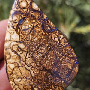 May include: A polished, teardrop-shaped gemstone with a complex pattern of brown, tan, and blue veins. The stone's surface has a textured appearance, with intricate lines and swirls creating a unique, natural design. The gemstone is held in a hand.