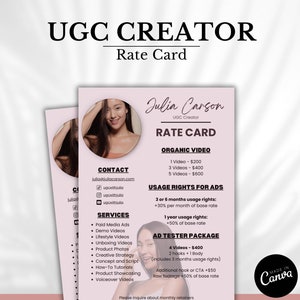 Cartão de Taxas do Influenciador Rosa | Folha de Taxas | Lista de Preços do Criador de UGC | Modelo de Lista de Preços | Cartão de Taxas do Criador de Conteúdo | Modelo UGC Canva