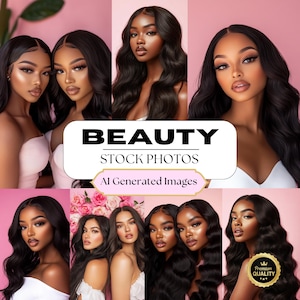 May include: A collage of images featuring women with long, flowing black hair. The women are all wearing different outfits and poses, and the images are set against a pink background. The text "BEAUTY STOCK PHOTOS AI Generated Images" is displayed in the center of the collage.