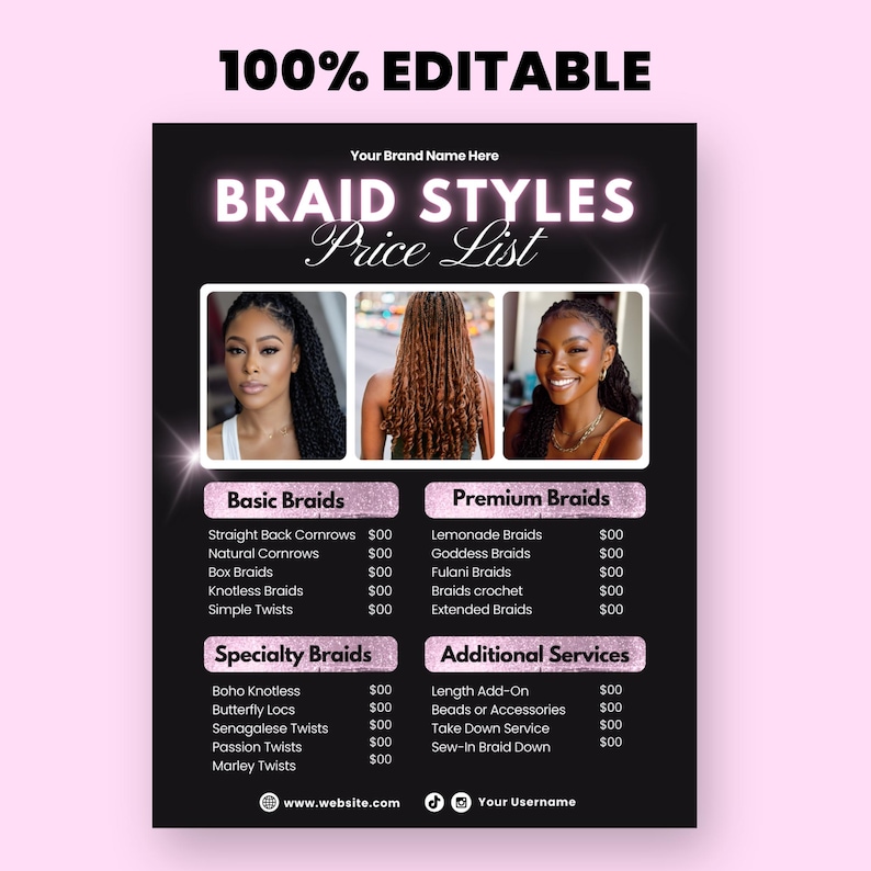Braids Price List Template: Customizable Hair Salon Pricing Guide, Hair ...