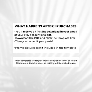 K&ouml;nnte beinhalten: Text auf wei&szlig;em Hintergrund, der erkl&auml;rt, was nach dem Kauf eines digitalen Produkts passiert. Der Text lautet: "Sie erhalten einen sofortigen Download in Ihrem E-Mail-Postfach oder Ihrem Etsy-Konto als PDF. Laden Sie das PDF herunter und klicken Sie auf den Link zum Template. Dann k&ouml;nnen Sie Ihre Beitr&auml;ge bearbeiten! *Promo-Bilder sind nicht im Template enthalten. Diese Templates sind nur f&uuml;r den pers&ouml;nlichen Gebrauch bestimmt und d&uuml;rfen nicht weiterverkauft werden. Dies ist auch ein digitales Produkt, daher wird Ihnen nichts per Post zugestellt."