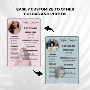 K&ouml;nnte beinhalten: Eine rosa-wei&szlig;e Preisliste f&uuml;r eine UGC-Erstellerin namens Julia Carson. Die Preisliste listet Preise f&uuml;r organische Videos, Nutzungsrechte f&uuml;r Anzeigen und ein Anzeigen-Testpaket auf. Die Preisliste enth&auml;lt auch eine Liste der angebotenen Dienstleistungen, wie z. B. bezahlte Medienwerbung, Demo-Videos, Lifestyle-Videos, Unboxing-Videos, Produktfotos, Kreativstrategie, Konzept und Drehbuch, Anleitungen, Produktpr&auml;sentation und Voiceover-Videos.