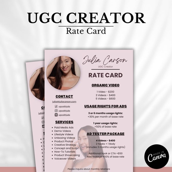 Pink Influencer Rate Card | Rate Sheet | UGC Creator Price List | Price List Template | Content Creator Rate Card | UGC Canva Template