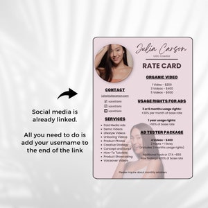 K&ouml;nnte beinhalten: Eine rosa-wei&szlig;e Preisliste f&uuml;r eine UGC-Erstellerin namens Julia Carson. Die Karte listet Preise f&uuml;r organische Videos und Ad-Tester-Pakete auf. Sie enth&auml;lt auch Kontaktinformationen und eine Liste der angebotenen Dienstleistungen.
