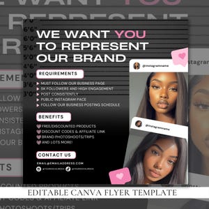 Könnte beinhalten: Schwarzweißgrafik mit rosa Akzenten. Der Text lautet "We Want You To Represent Our Brand".  Anforderungen und Vorteile für die Rolle als Markenbotschafter sind aufgelistet.  Kontaktinformationen werden bereitgestellt.  Editierbare Canva-Flyer-Vorlage.