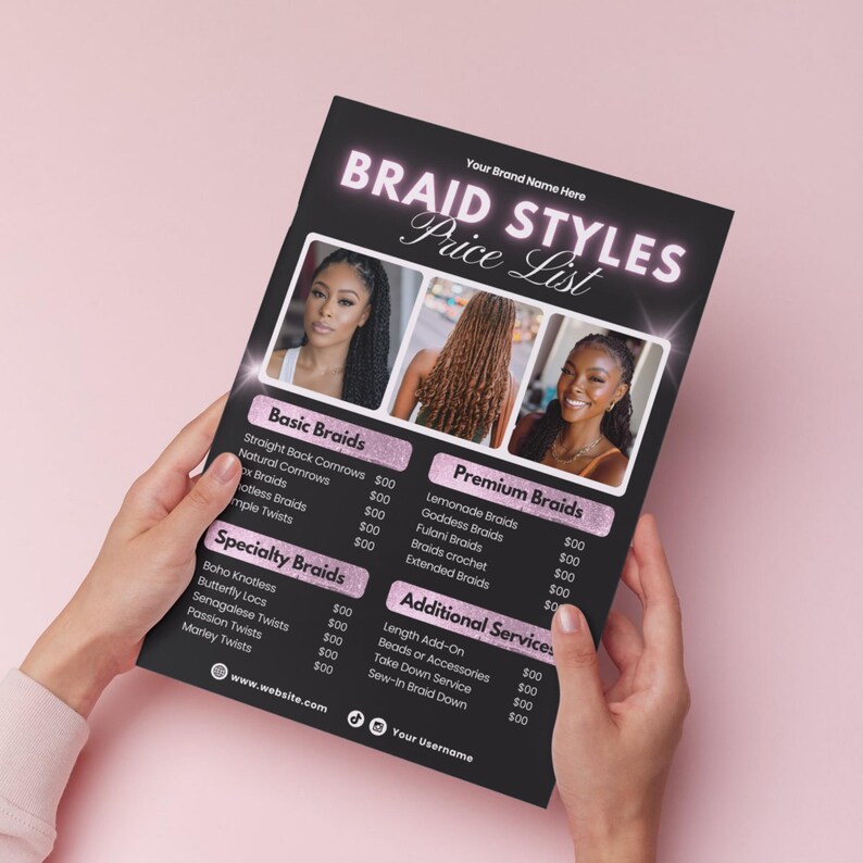 Braids Price List Template: Customizable Hair Salon Pricing Guide, Hair ...