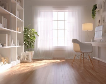 May include: A bright, airy home office with a white desk, chair, and bookshelf. A large window with sheer curtains lets in natural light, illuminating the hardwood floor. A potted plant and framed artwork add decorative touches.