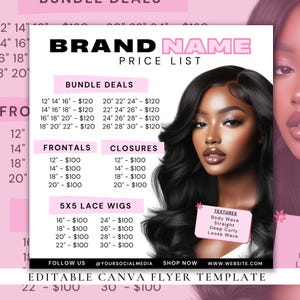 Wig Price List Flyer, Price Sheet Template, Bundle Deals Flyer, Book Now Flyer, Wig Sale, Wig Install Flyer, Wigs On Hand, Hair Extensions