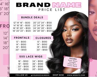 Wig Price List Flyer, Price Sheet Template, Bundle Deals Flyer, Book Now Flyer, Wig Sale, Wig Install Flyer, Wigs On Hand, Hair Extensions