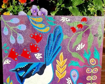 Blue Fairy Wren and Flowers Acrylic Painting (25x25cm)