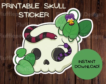 Cute Skull Sticker, Pansies and Snake, Hi-Res PNG (Digital Download)