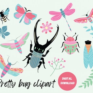 Puede incluir: Un conjunto de clipart digital colorido que presenta varios insectos, incluyendo una abeille, una mariposa, una libélula, una polilla, un escarabajo, una mariquita y una cigarra. Los insectos están ilustrados en un estilo caprichoso con colores brillantes y patrones. El texto "Pretty bug clipart" y "Descarga digital" está incluido en la imagen.