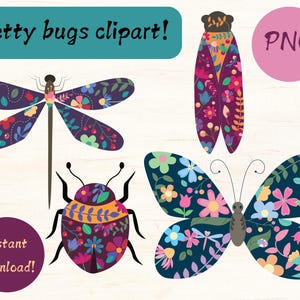 Puede incluir: Un conjunto de cuatro ilustraciones de insectos coloridos con patrones florales, que incluyen una libélula, un escarabajo, una mariposa y una cigarra. Las ilustraciones están sobre un fondo blanco con el texto "Pretty bugs clipart!" y "PNG" en las esquinas superiores.