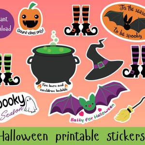Halloween Sticker zum selbst ausdrucken, Originalkunstwerk, sofort-Download, magisch, gruselig, digitale Sticker, drucken und schneiden, niedliche Halloween Sticker