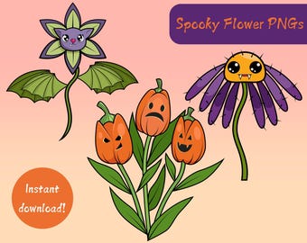 Straszne naklejki w formacie PNG z motywem kwiatów na Halloween: nietoperz, pająk, dynia – oryginalny projekt (pobranie cyfrowe)