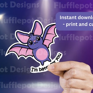 Słodka naklejka do wydrukowania z nietoperzem, nietoperz w wysokiej rozdzielczości w formacie PNG do pobrania, natychmiastowe pobranie, upiorny, słodki nietoperz clipart, wydrukuj i wytnij naklejkę z nietoperzem