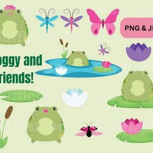 Clipart de lagoa de sapo, PNGs, clipart de sapo fofo, flor de lótus do pântano, lírio, libélula de lírio, borboleta, lótus, pântano, gráfico vetorial