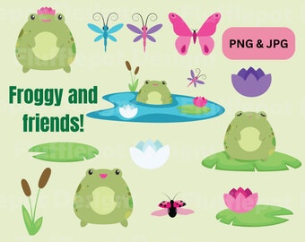 Frog Pond Clipart Set, Lotus Flower, Lilypad (PNG, JPG)
