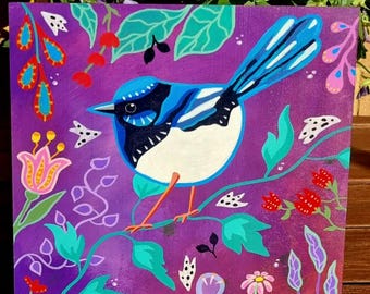 Blue Fairy Wren and Flowers Acrylic Painting (25x25cm)