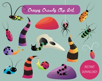 Cute Creepy Clipart, Spooky Creatures, Skull, Spider (Digital Download)