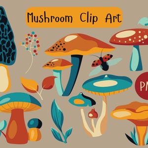 Op de afbeelding: Een verzameling kleurrijke paddenstoel clip art illustraties. De paddenstoelen hebben verschillende vormen en kleuren, waaronder oranje, blauw en rood. Een lieveheersbeestje en bladeren zijn ook in het ontwerp opgenomen. De tekst "Mushroom Clip Art" wordt weergegeven in een oranje banner.