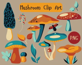 Retro Mushroom Clipart PNG Set, Retro Fungi Art (Digital Download)
