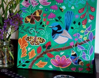 Blue Fairy Wren and Flowers Acrylic Painting (25x25cm)