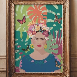May include: A colourful illustration of Frida Kahlo wearing a floral crown and surrounded by butterflies. The background is a vibrant green with tropical leaves and flowers.