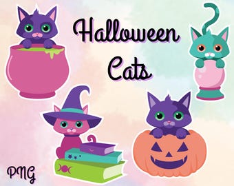 Różowe, upiorne naklejki z kotami na Halloween: Czarownicowa sztuka cyfrowa (PNG)
