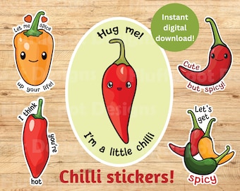 Cute chilli pepper printable sticker, PNG, instant download, chili, chillies, peppers, print and cut digital stickers, romantic, spicy