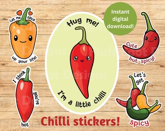 Cute Chilli Pepper Stickers, Spicy Romantic PNG (Digital Download)