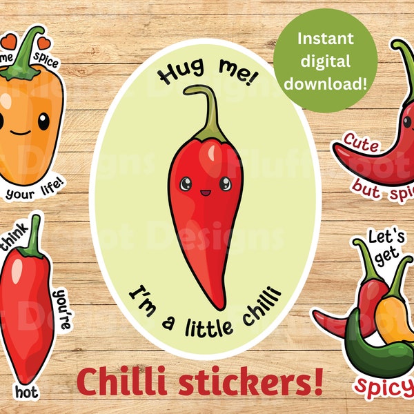 Cute chilli pepper printable sticker, PNG, instant download, chili, chillies, peppers, print and cut digital stickers, romantic, spicy