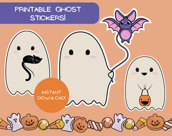 Cute Halloween Ghost Stickers, Black Cat, Pumpkin (Digital Download)