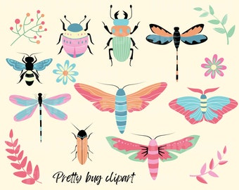 Colorful Bug Clipart: Bee, Moth, Dragonfly PNGs (Digital Download)
