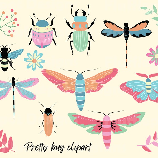 Pretty bug clipart PNGs, cute bug clipart, insects clipart, moth, bee, beetle, dragonfly, stag beetle, beautiful bugs, colourful insects